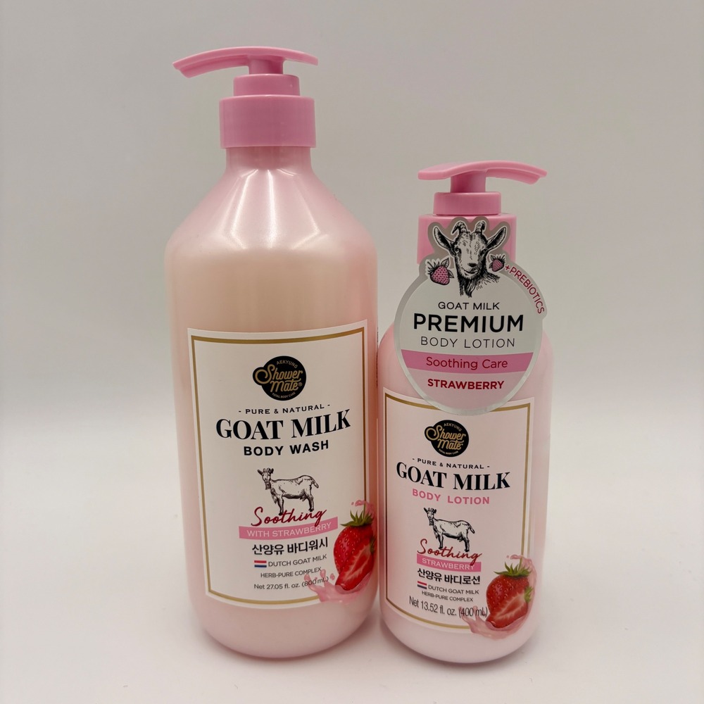 Aekyung Shower Mate Goat Milk Strawberry Body Wash 800ml & Lotion 400ml Set